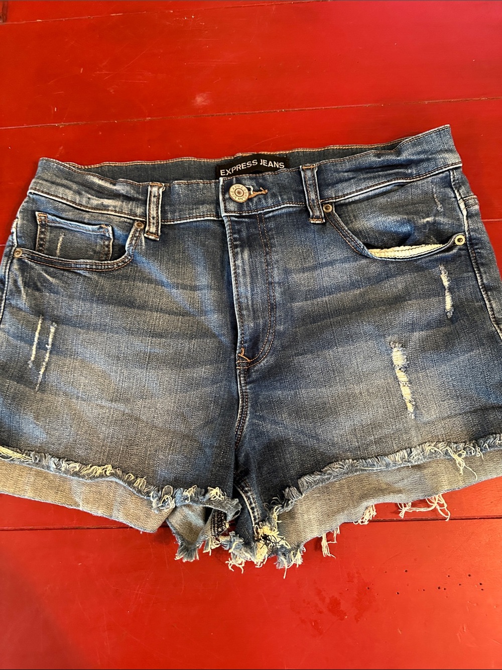 Express Frayed Hem Distressed Jean Shorts - Dark Blue size 12